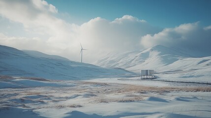 Snowy landscape with wind turbines.  Vast, snow-covered plains stretch towards rolling mountains under a bright sky with clouds.  A wind turbine stands on a gentle slope