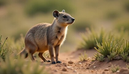 Rock hyrax standing alert among sparse vegetation 