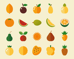Collection of colorful flat design fruit icons on a light background