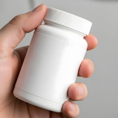 Hand Holding White Medicine Bottle with Blank Label Mockup on Neutral Background