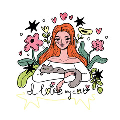 Cute vector illustration of a girl affectionately hugging her cat. A warm, peaceful, and charming illustration with soft details.