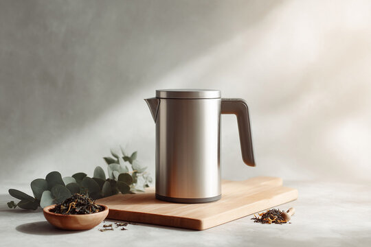 Elegant still life featuring a modern tea kettle, loose leaf tea,  eucalyptus on a wooden board. Evokes serenity, relaxation,  wellness. Ideal for blogs, websites, and lifestyle brands.
