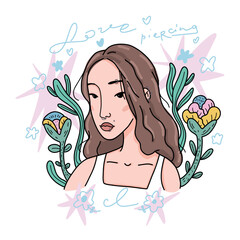 Vector flat illustration depicting an Asian girl with piercings in her ears and nose, near her lip, earrings, and steel rings. Skin decoration on a white background with flowers and stars.