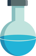 Flat design round bottom laboratory flask with blue liquid vector icon illustration