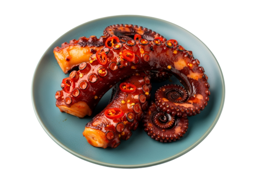 Grilled octopus tentacles, glazed with a spicy red sauce, are arranged on a teal-colored plate against a black backdrop.