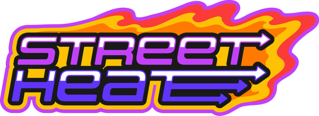 Street car speed race Y2K retro sticker or print. Rally competition Y2K vector tag, drag race grand prix patch. Speed racing championship sticker with fire flames and street heat typography text