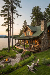 Fototapeta premium Cozy log cabin with porch overlooking a serene lake at sunset