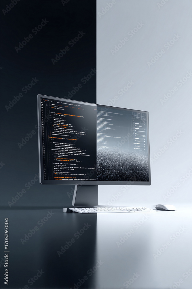 Poster modern desktop computer displaying code, symbolizing software development, digital transformation, o