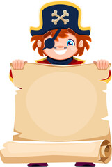 Kid boy pirate character with scroll parchment in vector captain corsair hat costume. Cartoon cute little kid pirate character with black eye patch and tricorn hat holding blank old paper scroll