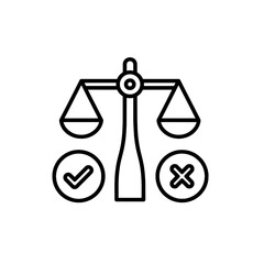 Ethics and decision making balance scale icon with checkmark and cross symbols representing pros and cons evaluation