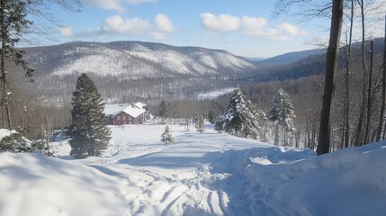 Obraz premium Snowy mountain vista with red house nestled in valley