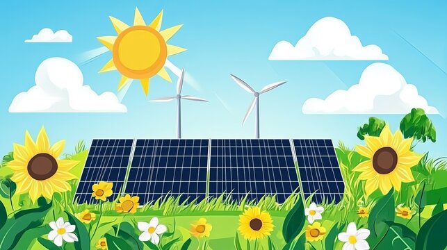 Sunny landscape with solar panels and wind turbines