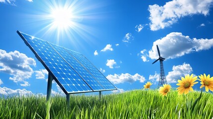 Solar panels and wind turbine in a grassy field under a bright sky