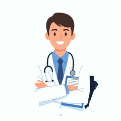 Friendly male doctor character illustration depicting a caring medical professional in uniform, ready to provide expert healthcare advice and support