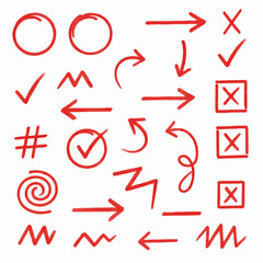 Collection of hand-drawn red arrow and check mark icons, abstract graphic symbols, and doodles on a white background