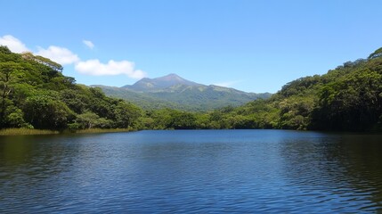 Serene lake nestled in a lush valley, a mountain peak rising above