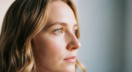 Fototapeta premium Woman profile, gazing off; curly blonde hair and fair skin, soft lighting