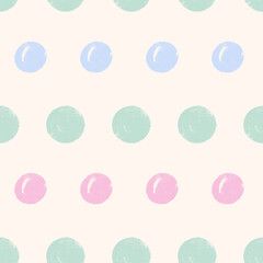 Polka dots seamless pattern.Brush stroke pastel colors kids endless background. Circles continuous ornament. Surface pattern design childish motif. Vector crayon illustration.