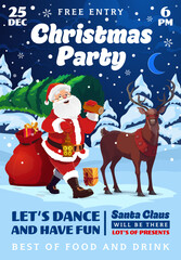 Christmas party flyer, vector Merry Xmas winter holiday greeting poster. Cartoon Santa Claus character and cute reindeer delivering Christmas gift boxes in red bag and Xmas tree in night snow forest