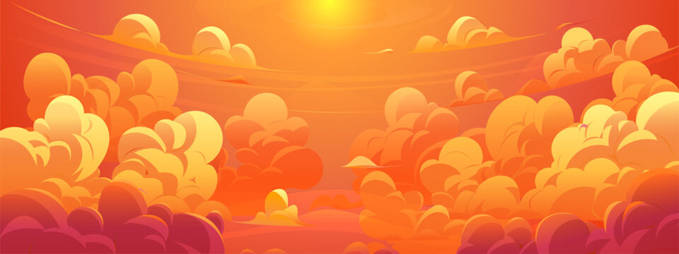 Cartoon evening sunset anime manga sky clouds with setting sun. Vector background of dramatic evening cloudy sky with orange clouds and yellow sunlight. Anime summer sunset nature landscape background