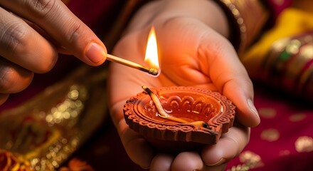 Lighting a Traditional Oil Lamp for Diwali Celebration.