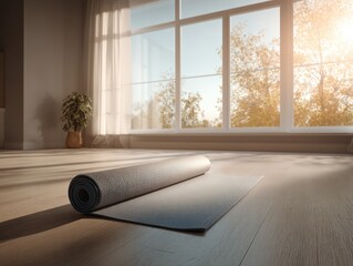 Grey yoga mat on wooden floor in bright room with large window, autumn trees, and morning sun.
