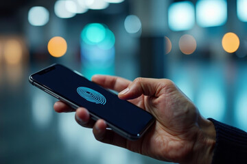 Close-Up Image of Person's Hands Using Smartphone for Two-Factor Authentication for Bank Transfer with Fingerprint Scanner.