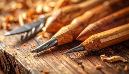 Traditional woodworking tools on natural wood. Generated image