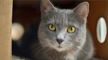 household. A gray tabby cat resting comfortably inside a cardboard box in a warm home setting. wildlife magazines, conservation campaigns, designed for nature documentaries and education.