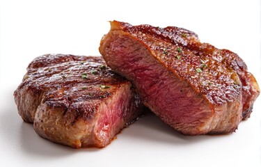 Two slices of grilled steak, close-up
