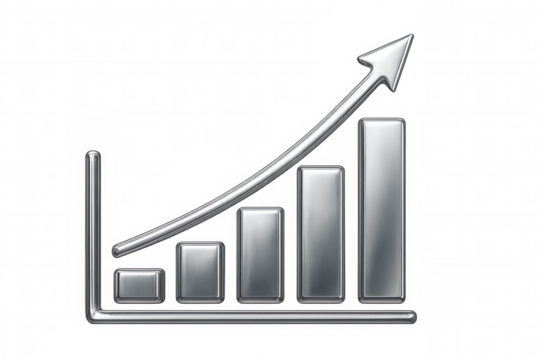Silver bar graph rising progressively, symbolizing corporate growth and financial advancement against translucent backdrop