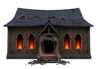A dilapidated, gothic-style structure stands out against a stark black background, its weathered wood and broken roof accented by fiery windows.
