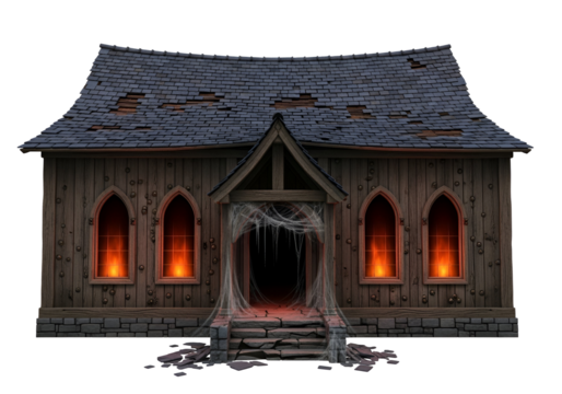 A dilapidated, gothic-style structure stands out against a stark black background, its weathered wood and broken roof accented by fiery windows. - Powered by Adobe