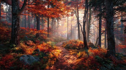 Sunlit Path Through a Misty Autumn Forest with Vibrant Red Foliage
