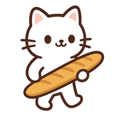 Charming vector graphic of a cute kawaii cat holding a French bread loaf. This adorable animal character is walking, perfect for bakery logos or children's designs