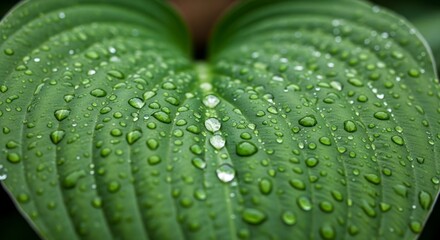 A close-up view of a lush green leaf, showcasing intricate veining and numerous glistening water droplets.