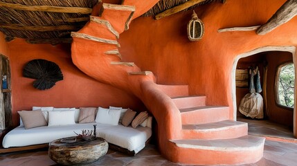 Cozy interior with a terracotta spiral staircase, white sofa, and wooden decor. Unique architectural design