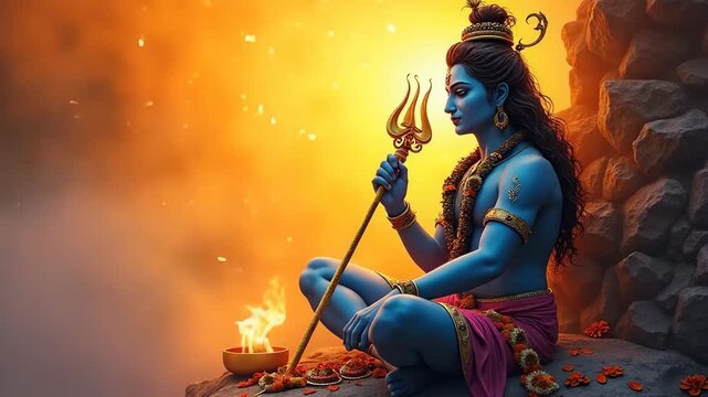 Maha Shivratri, a Hindu festival celebrated of Shiva Lord. Digital illustration depicting Lord Shiva in meditation, holding a trident beside a sacred fire. Vivid sunrise and spiritual atmosphere