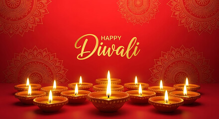 Happy Diwali illuminated clay diyas and gold mandala patterns