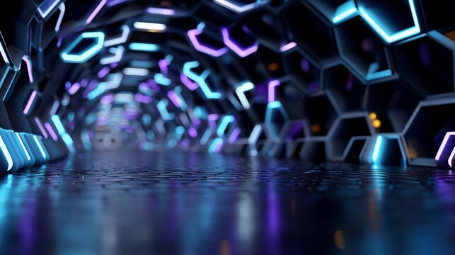 Futuristic hexagonal tunnel with vibrant neon lights - Powered by Adobe