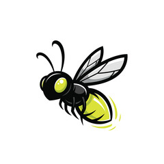 A charming cartoon illustration of a flying firefly with a bright yellow glowing abdomen, designed as a friendly and cute insect mascot on a white background