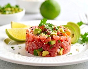 Fresh salmon tartare dish with avocado and lime