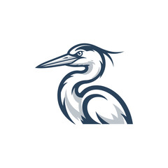 Dynamic Great Blue Heron mascot head illustration, a powerful wildlife bird emblem concept for a sports team logo design