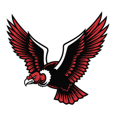 Obraz premium Dynamic illustration of a powerful soaring bird of prey, a condor or vulture, with wings spread, featuring striking red, black, and white design, ideal for a strong athletic emblem