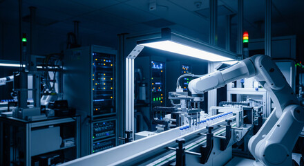 Fototapeta premium Robotic Arm Handling Vials in a Futuristic, Automated Science and Research Laboratory