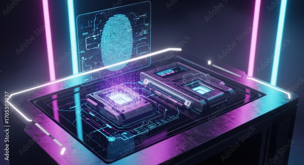 Poster futuristic biometric security system: fingerprint authentication on advanced hardware