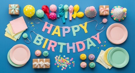 Colorful birthday party supplies arranged on a vibrant blue surface, showcasing pastel decorations, including balloons, gift boxes, and a banner that spells out "Happy Birthday".