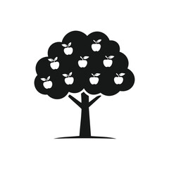 Black silhouette of an apple tree with many apples Keywords: apple tree, fruit tree, apples