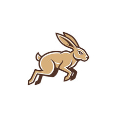 Dynamic illustration of a fast running brown hare or jackrabbit leaping with agility. A stylized mascot design perfect for sports teams or branding, isolated on a white background