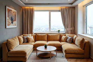 A grand, opulent sofa squeezed into a cozy studio apartment, leaving little room to maneuver.